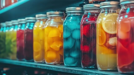Assortment of colorful preserved fruits and vegetables in vintage style glass jars displayed on rustic wooden shelves  The jars contain a variety of homemade jams pickles and fermented foods