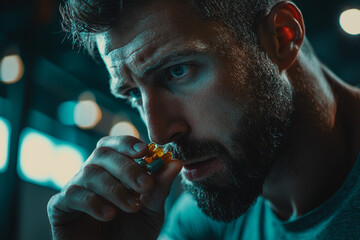 Man with beard carefully holds and examines pills in hand dark blue skin hair male drug body light