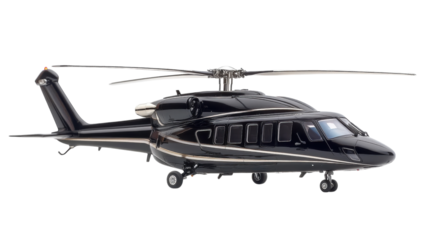 Sleek black helicopter soaring through a clear blue sky, showcasing luxury and style