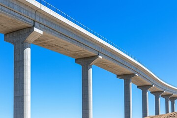 A modern concrete bridge stretches across a clear blue sky