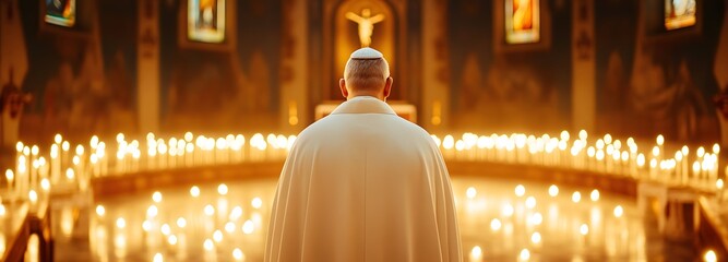 Sacred Liturgy: A figure, clad in religious vestments, stands before an altar bathed in the ethereal glow of candlelight within a grand church. Reflecting the solemn atmosphere.