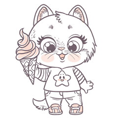 Cute cartoon fluffy kitten with ice cream