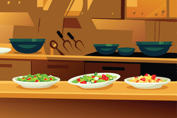 A chaotic yet organized chef's workspace overflowing with overlapping plates, bowls, and various cooking utensils; a vibrant culinary scene.