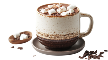 Warm cozy cup of hot chocolate topped with fluffy marshmallows on a chilly day