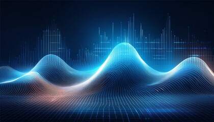 Naklejka premium fluctuating vibrant glowing digital waveforms on a black grid background