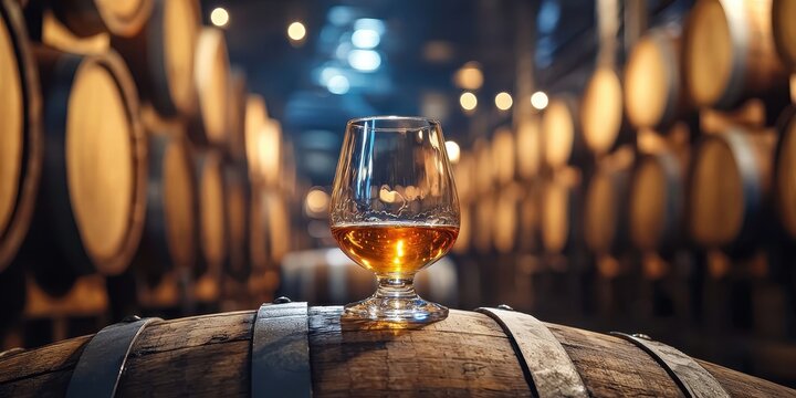 World whiskey day with beverage and glass idea. Glass of whiskey on a barrel in a distillery setting.