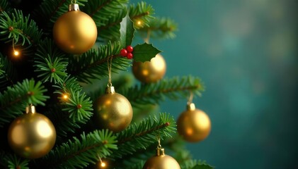 golden ornaments adorning the branches of a lush fir tree, holly sprig accents, fir tree, festive colors