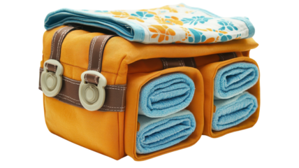 Soft towels neatly arranged in a stylish storage basket ready for a beach day