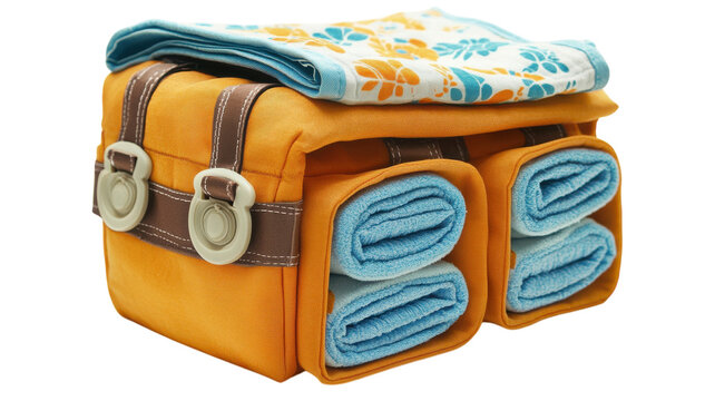Soft towels neatly arranged in a stylish storage basket ready for a beach day