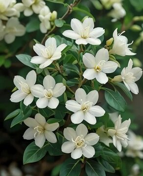 Jasminum sambac, commonly known as Arabian Jasmine. It is a fragrant, evergreen shrub that produces white, multi-layered blooms