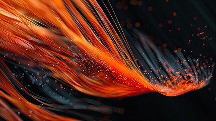 Abstract orange fibers with luminous specks on dark background
