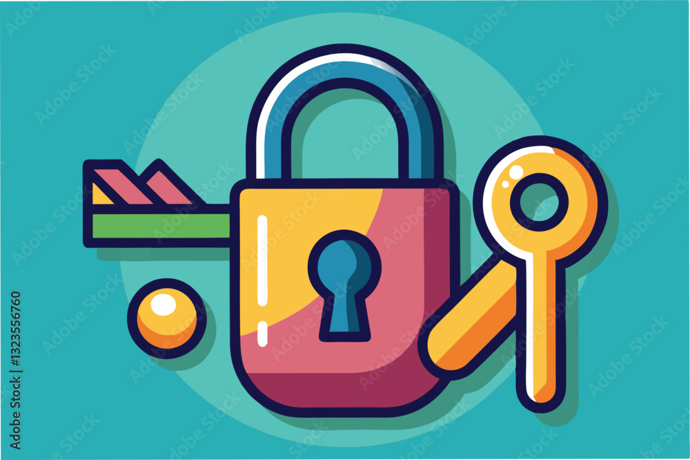 Fototapete colorful vector illustration of a padlock with keys and a safe depicting security concepts in a mode