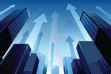 Illustrate a vibrant corporate finance theme featuring towering skyscrapers reaching upwards, symbolizing growth and ambition within a dynamic cityscape.