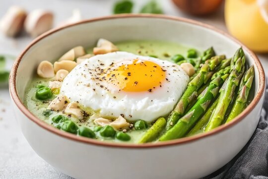 Delicious Asparagus Soup Topped With a Perfectly Poached Egg, Garnished With Fresh Peas and Nuts for a Nutritious Meal