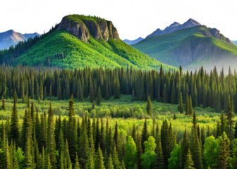 Lush green Boreal Forests (Taiga) Forests  landscape with  Fault-block   mountains at dawn, cut out isolated on white background