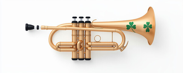 Obraz premium Festive trumpet with shamrock motif on white background, symbolizing celebration