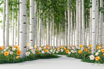Fototapeta premium serene forest glade with birch trees and vibrant flowers in sunlight
