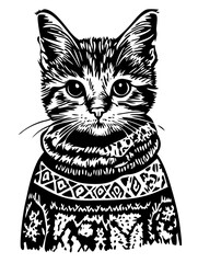 Vector Illustration Cat Wearing Cozy Sweater Detailed Line Art