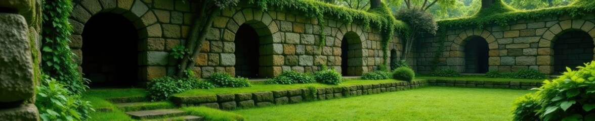 Lush moss covered ancient stone wall in a hidden glade, green, wild