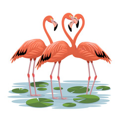 Fototapeta premium Pink Flamingos Forming Heart Shape in Lily Pad Pond Vector Art