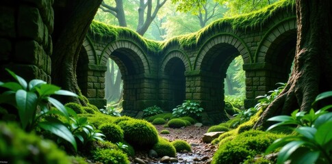 Lush moss covered ancient stone wall in a hidden glade, stone, overgrown