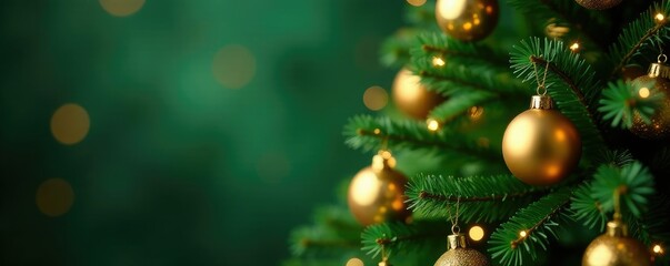 luxurious christmas tree decorated with gold ornaments in a green bokeh background, luxury, greenery