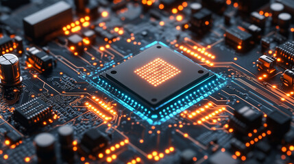 Close-up of a glowing microchip on a high-tech circuit board