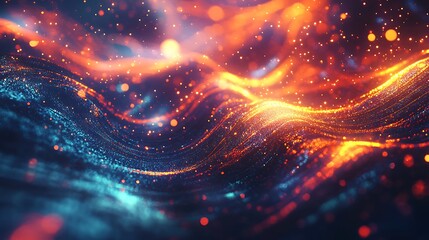 Obraz premium Abstract Cosmic Waves of Energy: Dynamic Orange and Blue Particles Creating Stunning Digital Art Background.
