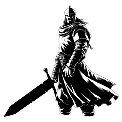 Obraz premium Medieval Warrior Knight Holding Sword Black and White Vector Art