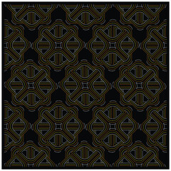 A geometric pattern featuring interwoven shapes in white, yellow, and orange on a black background, creating a dynamic design, it could be used as a wallpaper, fabric design, scarf, pillow