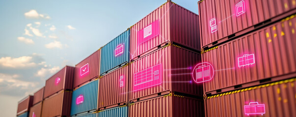 Fototapeta premium Shipping containers with glowing digital icons symbolize modern logistics