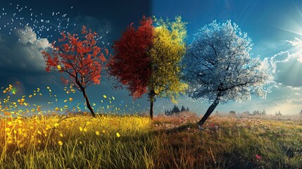 The four seasons depicted in a vibrant scenic illustration