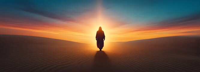 Solitary Silhouette in the Desert: A lone figure walks across endless sand dunes toward a bright horizon, silhouetted against a brilliant sky at sunset.
