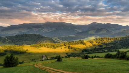 sunset over the village of Zuberec in the West Tatras