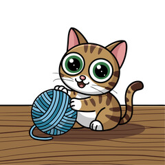 Obraz premium Cute Cartoon Cat with Yarn Ball Playful Vector Illustration for Kids