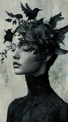 Dark Beauty: A Surreal Portrait of a Woman Adorned with Birds and Flowers