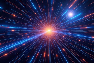 Naklejka premium A Vivid Abstract Representation of Light Speed and Cosmic Energy, Featuring Striking Blue and Orange Rays Radiating from a Central Star Point in Deep Space