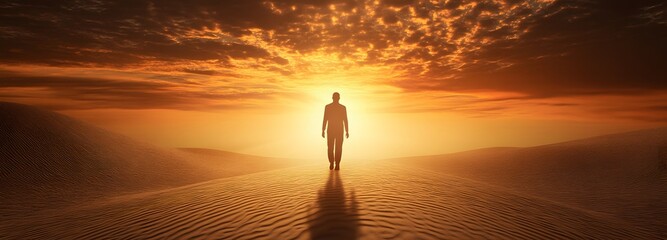 A Journey Towards Dawn: A lone figure walks towards a radiant sunrise over the desert, symbolizing a path of hope and personal growth. Evoking a sense of solitude, contemplation.