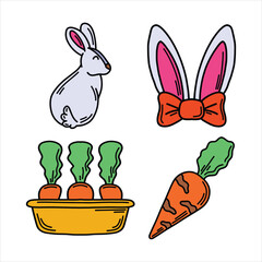 Easter bunny doodle style cartoon element set