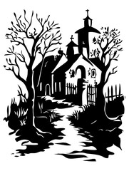 Haunted House Silhouette with Eerie Trees Perfect for Halloween Decorations