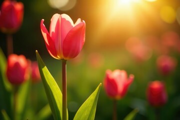Fototapeta premium Pink tulip stem and leaves in a warm golden light, sunlight, warm, inviting