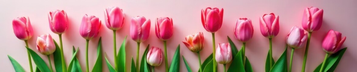 Fototapeta premium Pink tulip stem with green leaves and floral stems intertwined, flower, floral