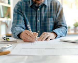 Person sketching on paper at a desk with tools and a laptop nearby.