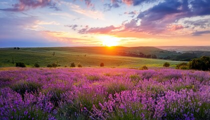 Obraz premium sunset sky and lavender wild flowers herbs at green field in countryside sun light clouds summer nature background