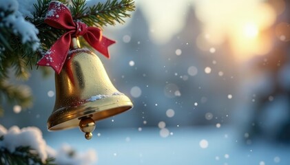 Single golden Christmas bell against a winter sky, shine, winter