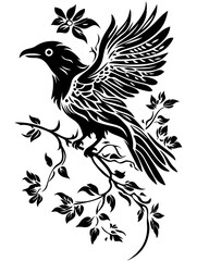 Obraz premium Intricate Black Raven Silhouette on Branch with Leaves Vector Illustration
