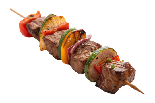 Kebab with meat and vegetables isolated on transparent background