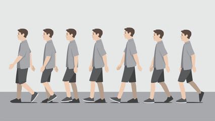 Animation of a man in open shirt walking in side view showing the step cycle sequence