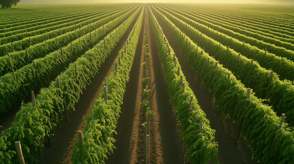 Fototapeta premium Expansive Green Indian Pepper Farm at Sunrise – Sustainable Agriculture and Organic Spice Cultivation