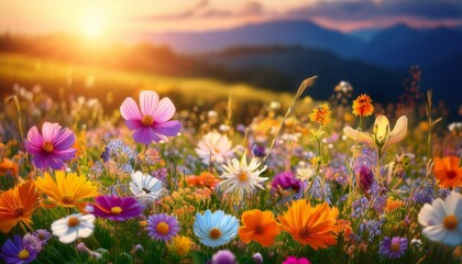 Fototapeta premium colorful spring summer meadow flowers in nature outdoors